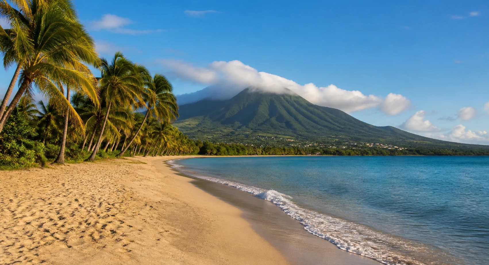 Pinney's Beach and Nevis Peak in Saint Kitts and Nevis