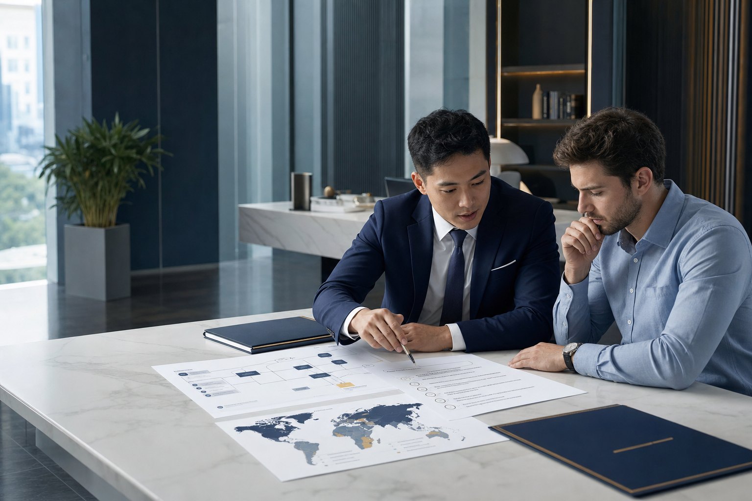 Advisers reviewing an international company formation plan