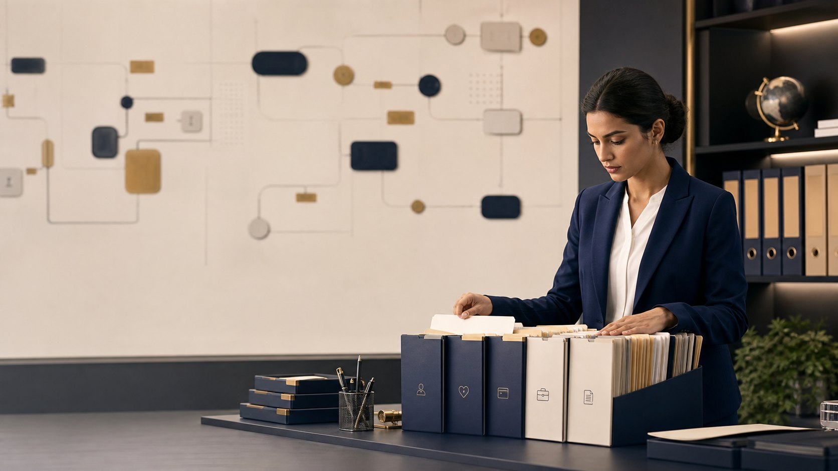 Case coordinator organising an immigration application evidence file
