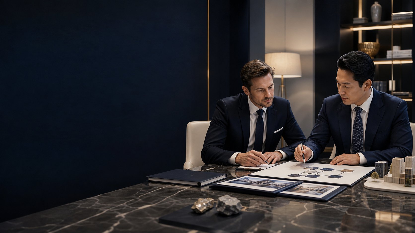 Entrepreneur and adviser reviewing a business and investment residence strategy