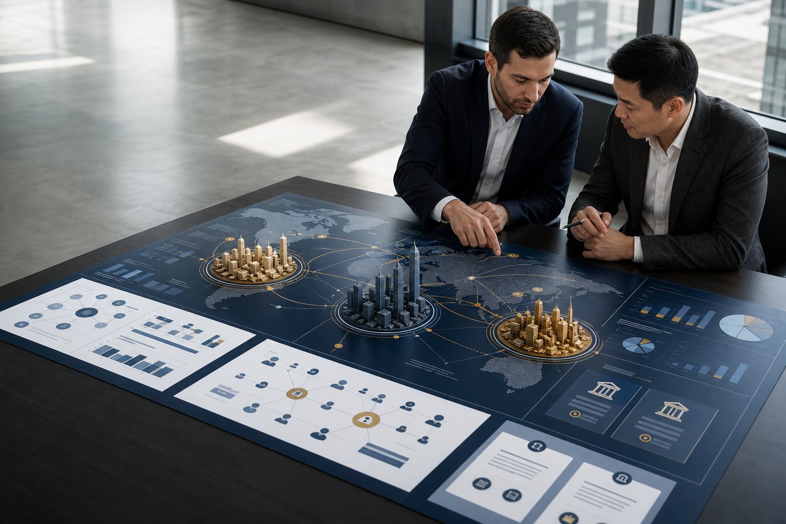 Advisers comparing international destination markets on a structured decision board