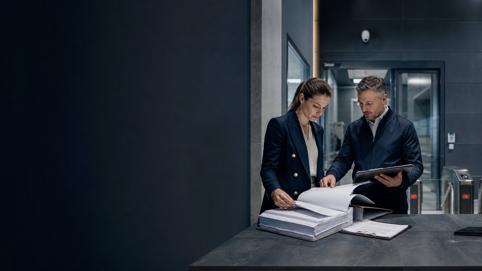 Regulatory specialist reviewing a licence dossier inside an operating facility