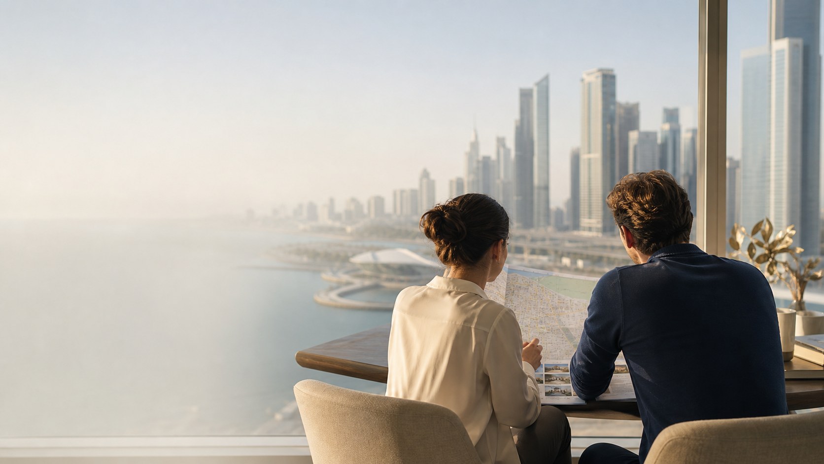 Couple comparing a city map before an international move
